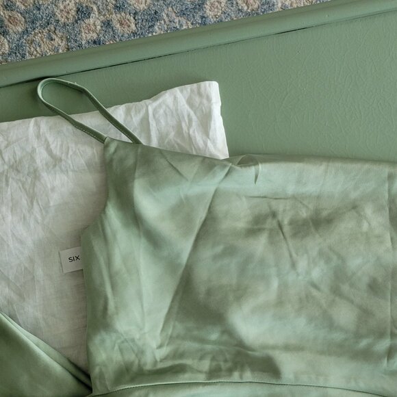 Six Stories Dassi Cami Cowl Front Satin Bridesmaid Dress in Sage - Picture 5 of 9